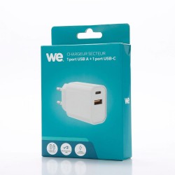 Chargeur secteur WE 2 Ports USB-C et 1 Port USB - USB-C : 5V/3A, 9V/3A, 12V/2.25